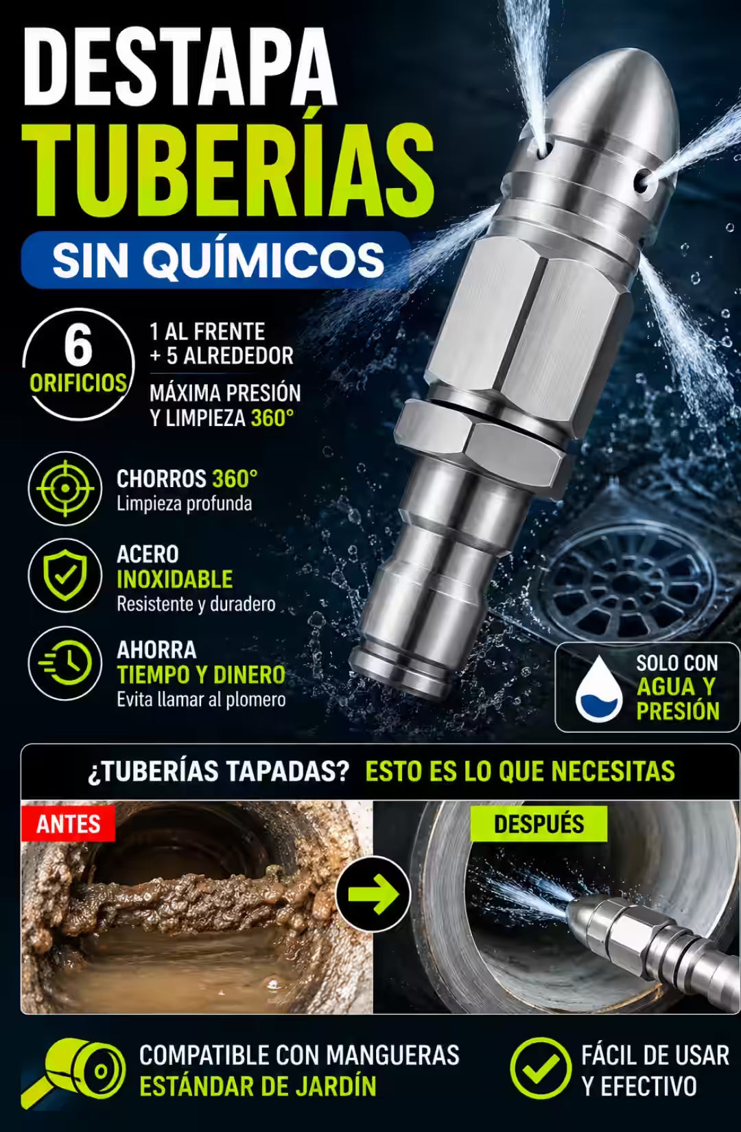 DrainForce® - Boquilla Profesional de Alta Presión para Destapar Tuberías