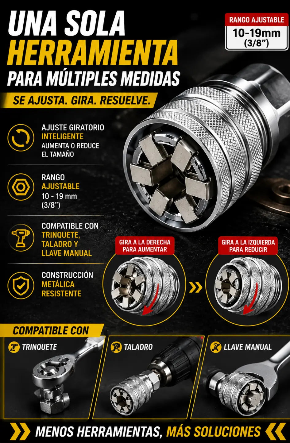 HexaGrip® - Copa Universal Ajustable 10 - 19 mm con Adaptador 3/8"