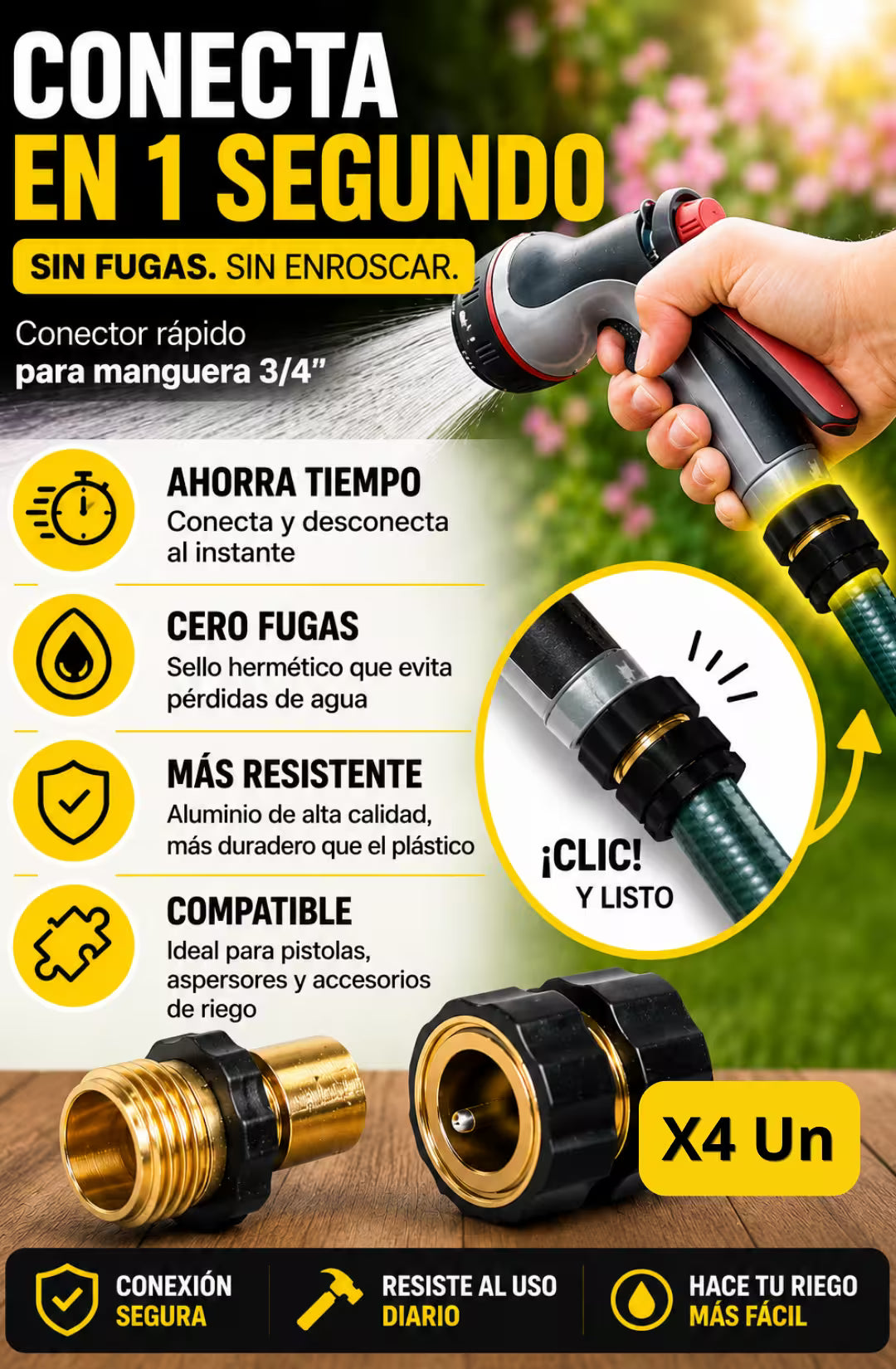 UltraFlow® - Conector Rápido Antifugas Para Manguera de 3/4" - X4 Und