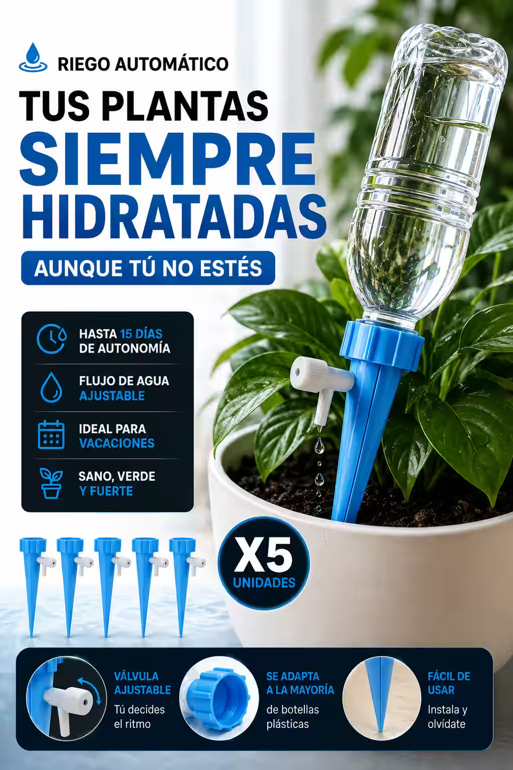 AquaFlow® – Sistema de Riego por Goteo para Plantas X5 Und