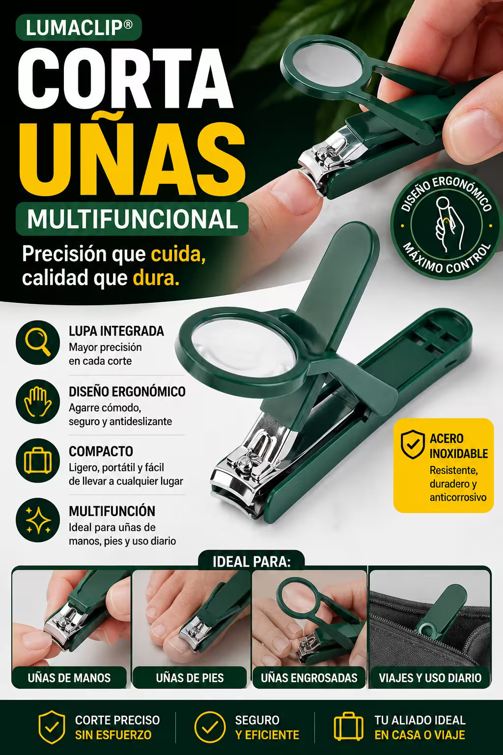 LumaClip® - Cortauñas Ergonómico Multifuncional de Acero inoxidable